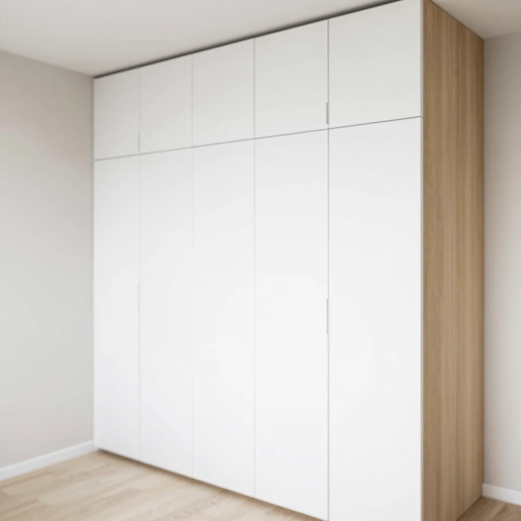 Minimalistische Stauraumlösung mit eingebautem Schrank in neutralen Tönen und cleanen Linien