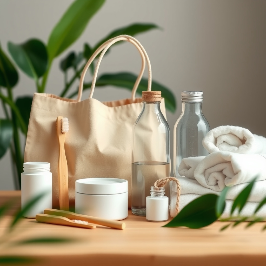 Nachhaltige minimalistische Produkte wie Bambuszahnbürste und wiederverwendbare Tasche