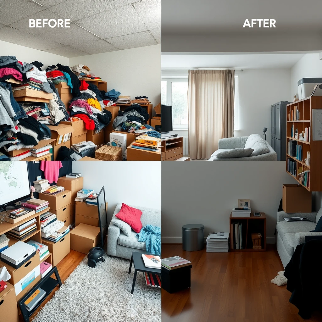 Vorher-Nachher-Vergleich: Links ein chaotisches, überfülltes Zimmer, rechts dasselbe Zimmer entrümpelt und minimalistisch