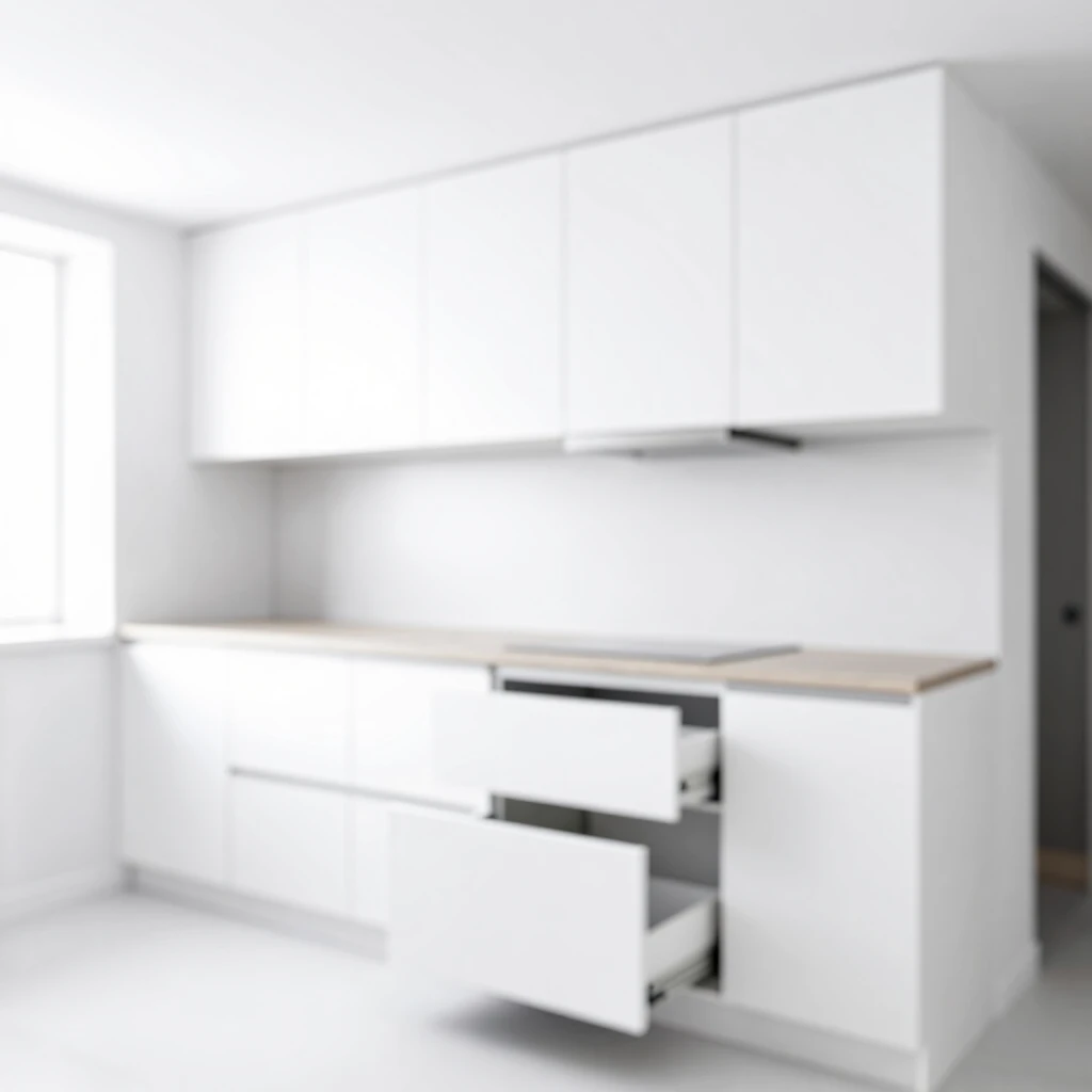 Minimalistische Küche mit weißen Schränken, verstecktem Stauraum, Auszügen und klaren Linien in einer kleinen Wohnung