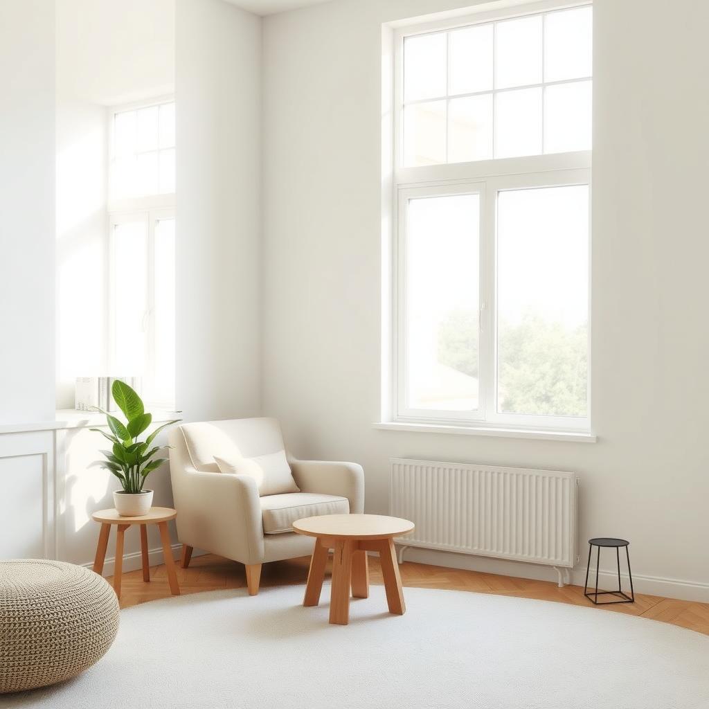 Ein minimalistisches Wohnzimmer mit einem gemütlichen Sessel, einem kleinen Holztisch und einer Topfpflanze in der Ecke, beleuchtet von sanftem Tageslicht.