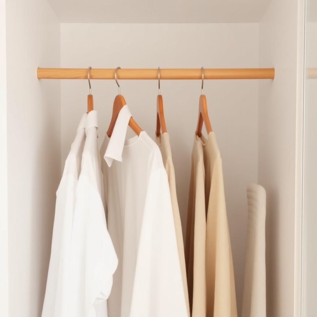 Ein ordentlich organisierter Kleiderschrank mit wenigen, sorgfältig ausgewählten Kleidungsstücken auf Holzbügeln in neutralen Farben.