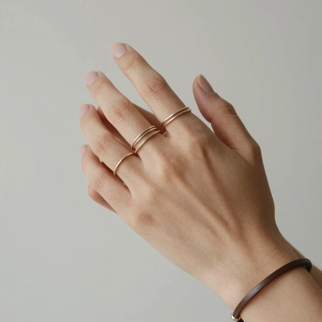 Hände mit mehreren schlichten Ringen und einem dezenten Lederarmband – minimalistischer Signature-Look