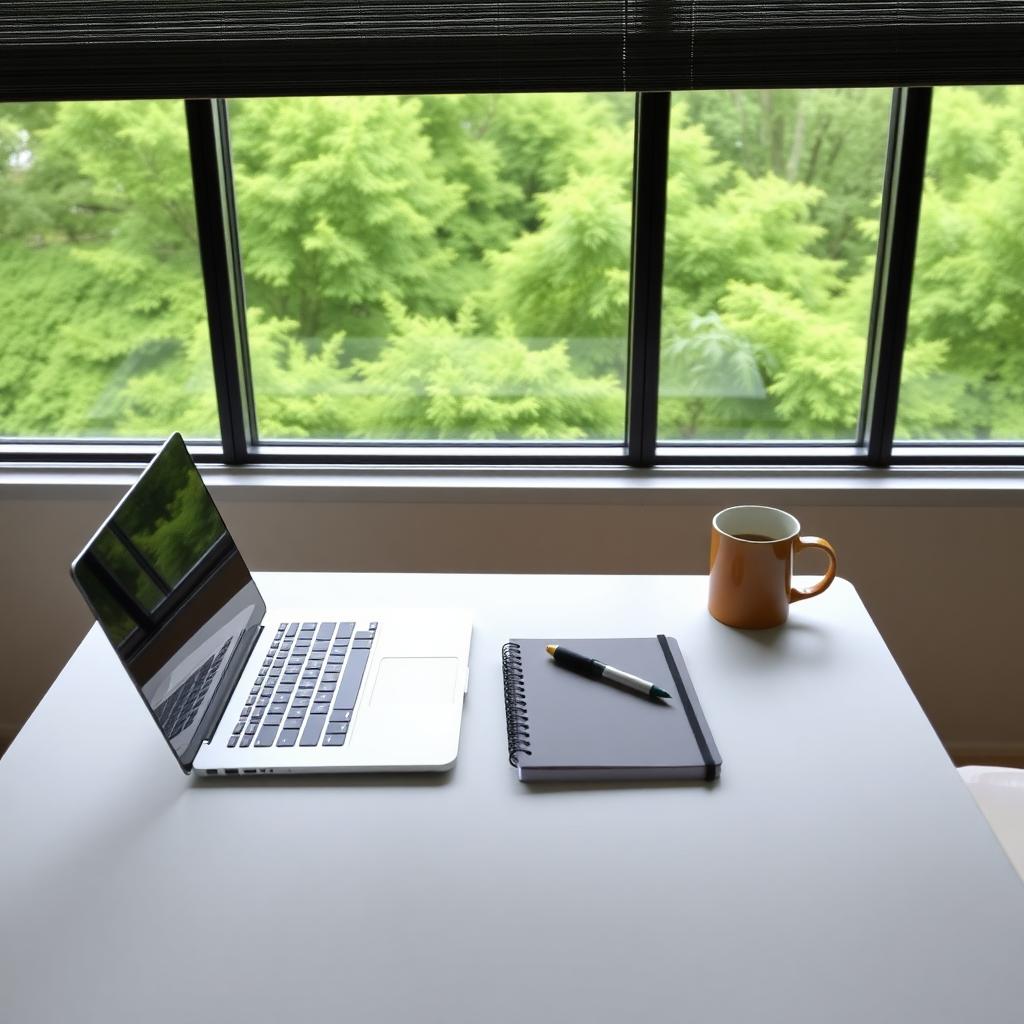 Ein aufgeräumter Schreibtisch mit einem Laptop, einem Notizbuch und einer Tasse Kaffee, neben einem großen Fenster mit Blick auf Grün.