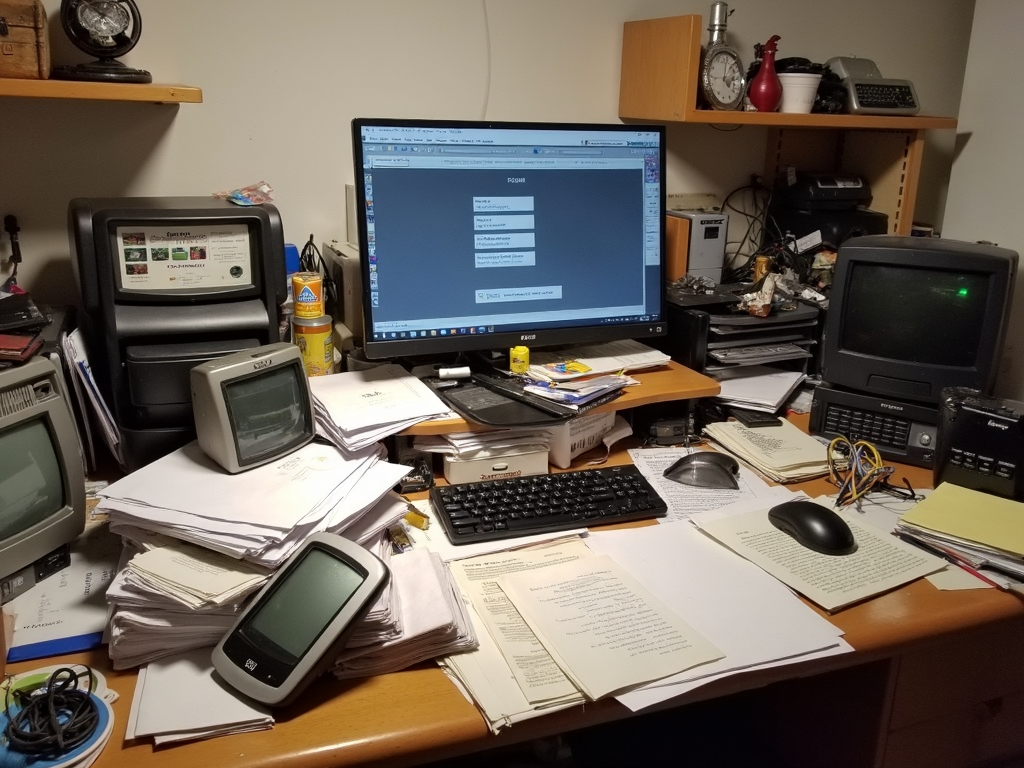 Ein unordentlicher Schreibtisch vor dem Ausmisten