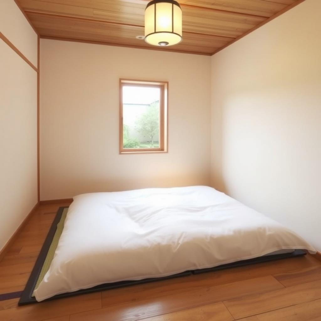 Ein minimalistisches japanisches Schlafzimmer mit einem niedrigen Futon-Bett, ordentlich gefalteten Bettwäsche und einer Laterne, die warmes Licht verbreitet, mit Blick auf einen Zen-Garten.