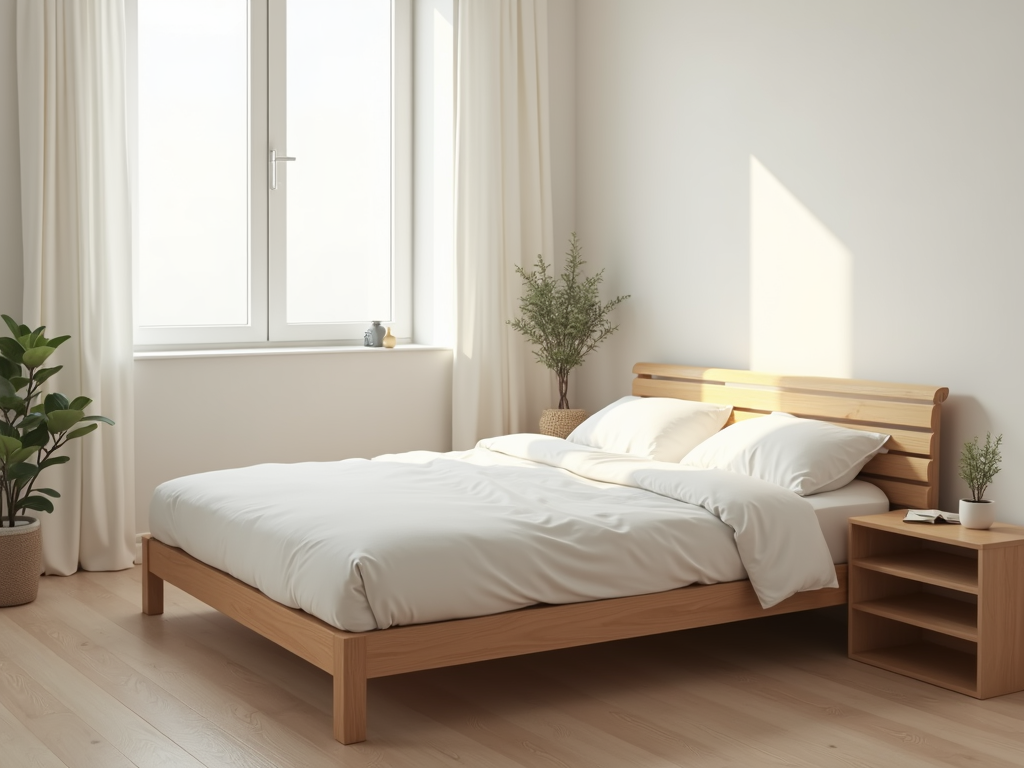 Ein minimalistisches Schlafzimmer mit einem einfachen Holzbett, weißer Bettwäsche und einer einzelnen Topfpflanze auf einem kleinen Nachttisch.
