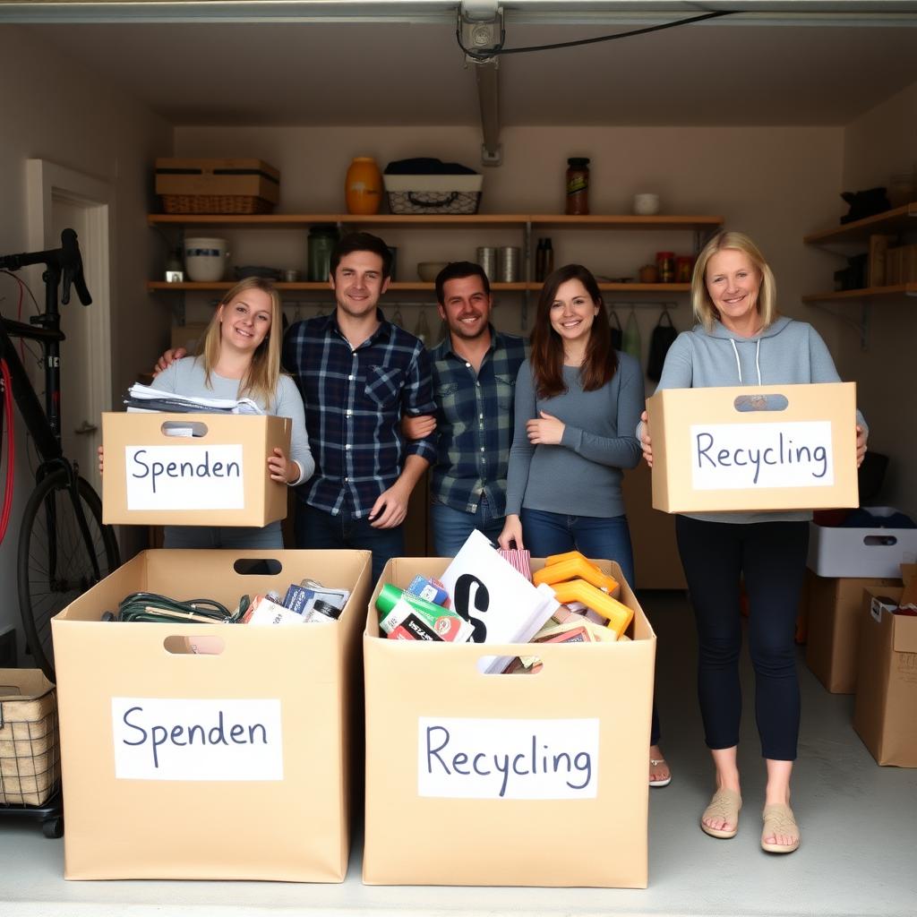 Eine Familie sortiert Gegenstände in einem aufgeräumten Garage in Kisten für Spenden, Behalten und Recycling.