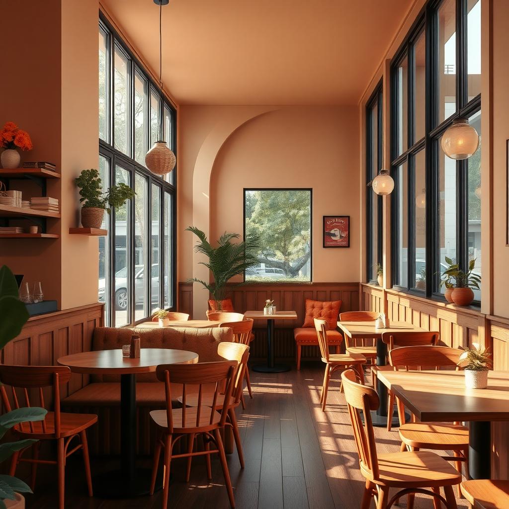 Gemütliches Café-Interieur mit warmen Erdtönen, holziger Möblierung und natürlichem Licht.