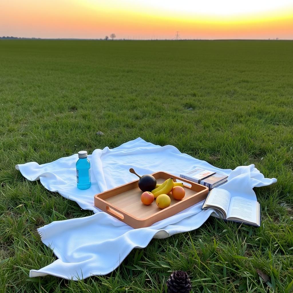 Eine ruhige Außenszene mit einem minimalistischen Picknick auf einer Wiese, mit einer Decke, einem Holztablett mit Obst, einer Wasserflasche und einem Buch.