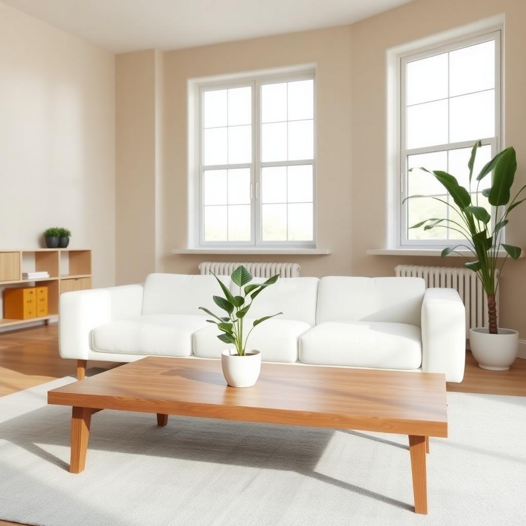 Gemütliches minimalistisches Wohnzimmer mit einem schlichten weißen Sofa, einem Holztisch und einer Topfpflanze.