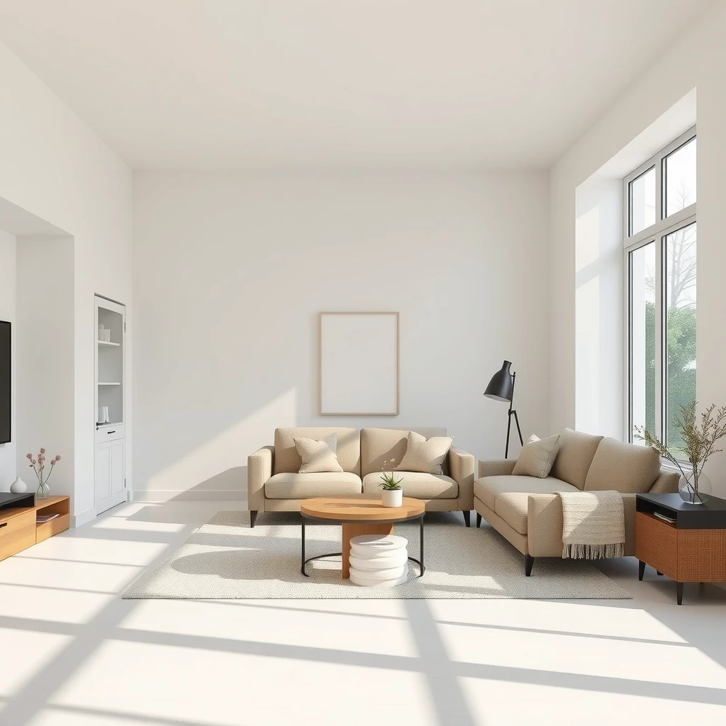 Ein serenades, minimalistisches Wohnzimmer in neutralen Tönen mit wenig Möbeln und viel offenen Raum für Ruhe und Entspannung