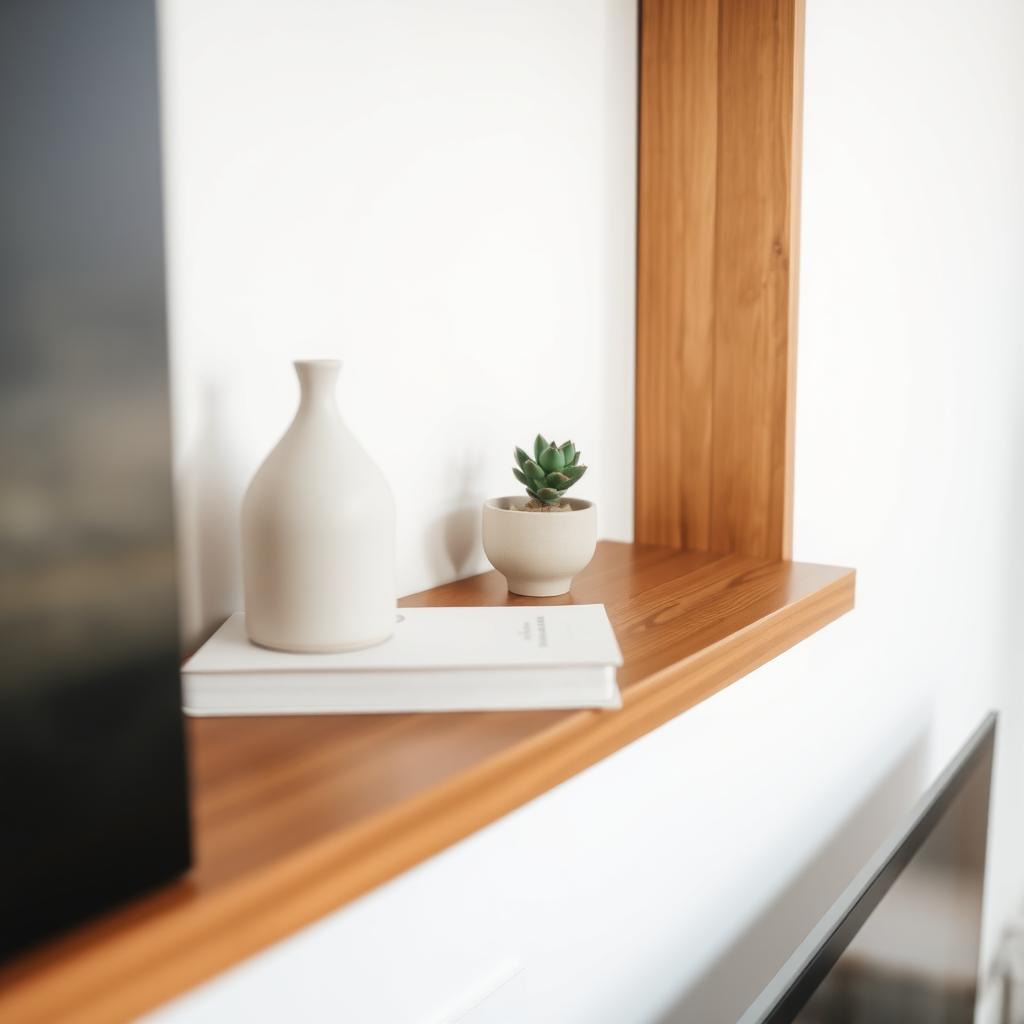 Minimalistisches Holzregal mit einer Keramikvase, einem Buch und einer kleinen Sukkulente.