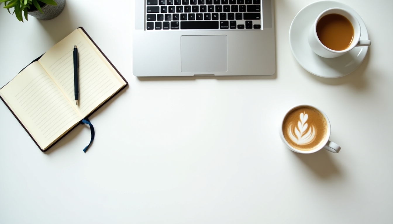 Ein einfacher, organisierter Arbeitsplatz mit einem Laptop, einem Notizbuch und einer Tasse Kaffee auf einem sauberen Schreibtisch