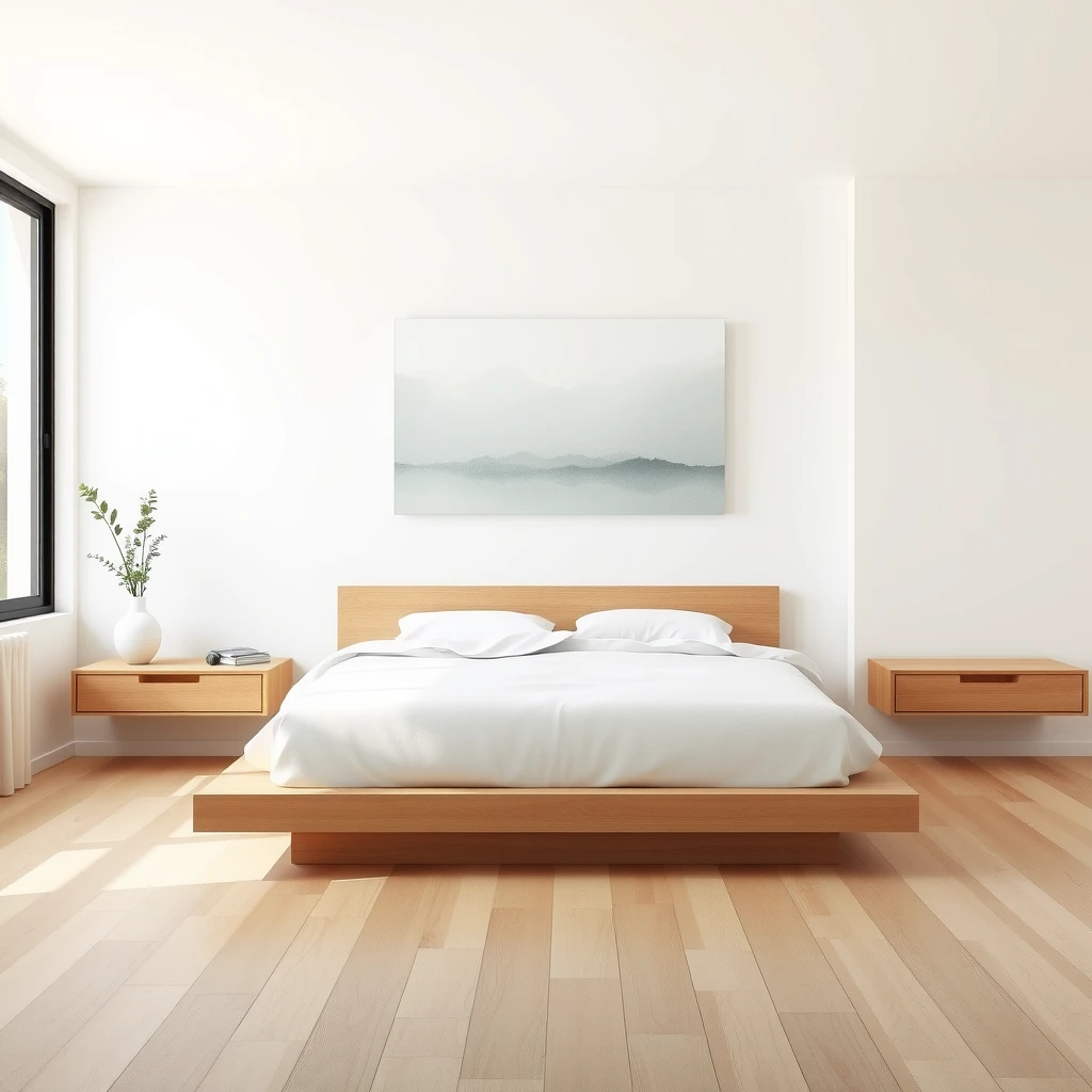 Gemütliches minimalistisches Schlafzimmer in Beigetönen mit schwebenden Nachttischen und abstrakter Wandkunst