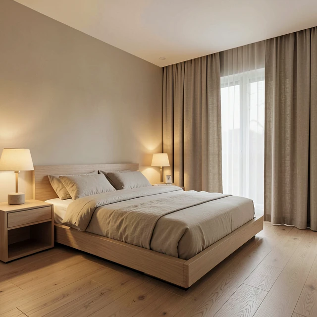 Minimalistisches Schlafzimmer in warmen Beige- und Greigetönen