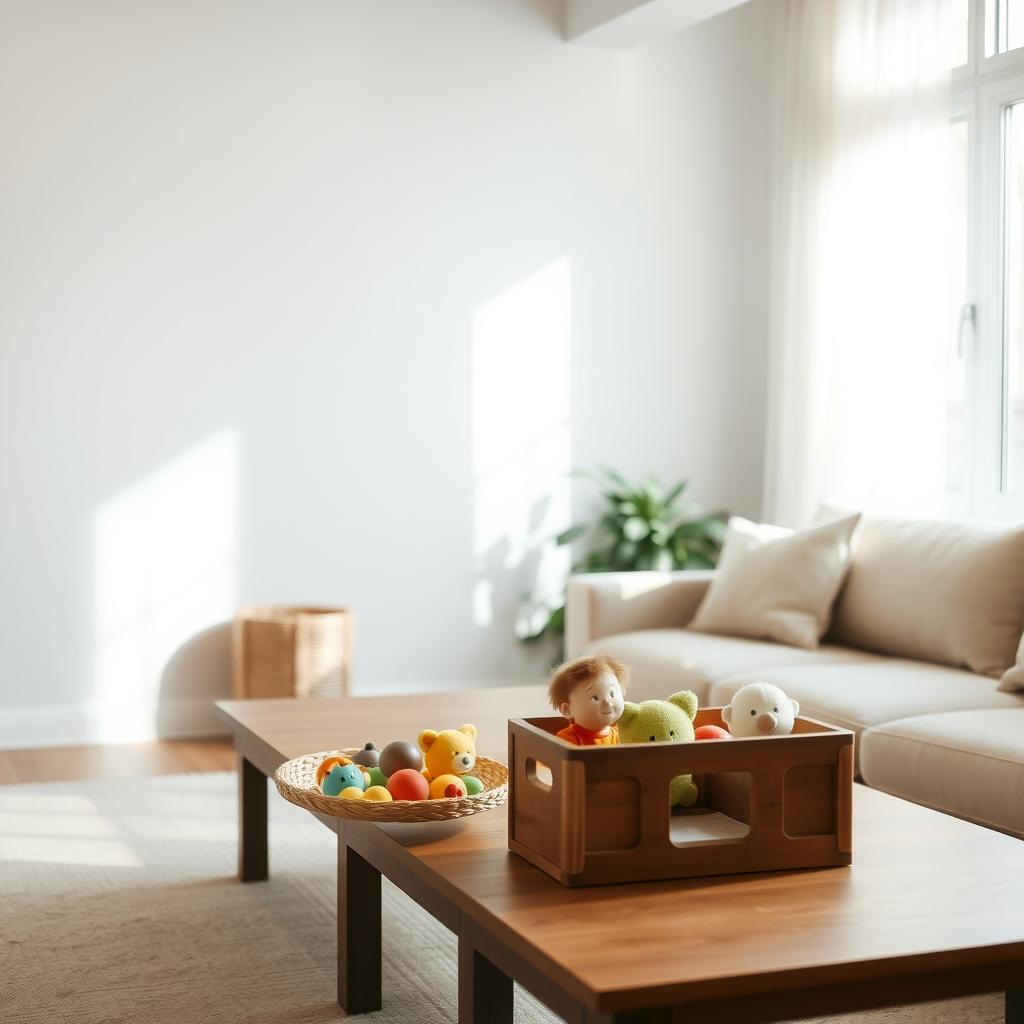 Ein minimalistisches Wohnzimmer mit wenigen ausgewählten Spielsachen in einem Holzkorb, weichem Tageslicht, einem schlichten Holztisch mit einer Pflanze und einem gemütlichen Sofa.