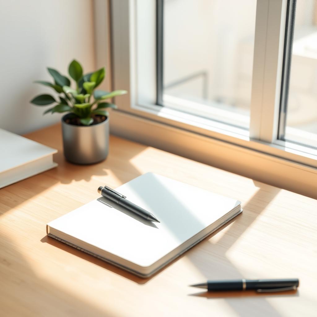 Ein minimalistischer Schreibtisch mit einem Notizbuch, einem Stift und einer kleinen Topfpflanze, beleuchtet von sanftem Sonnenlicht.