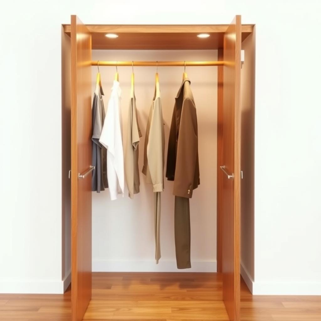 Ein aufgeräumter Kleiderschrank mit wenigen, essenziellen Kleidungsstücken auf Holzbügeln vor einer weißen Wand.
