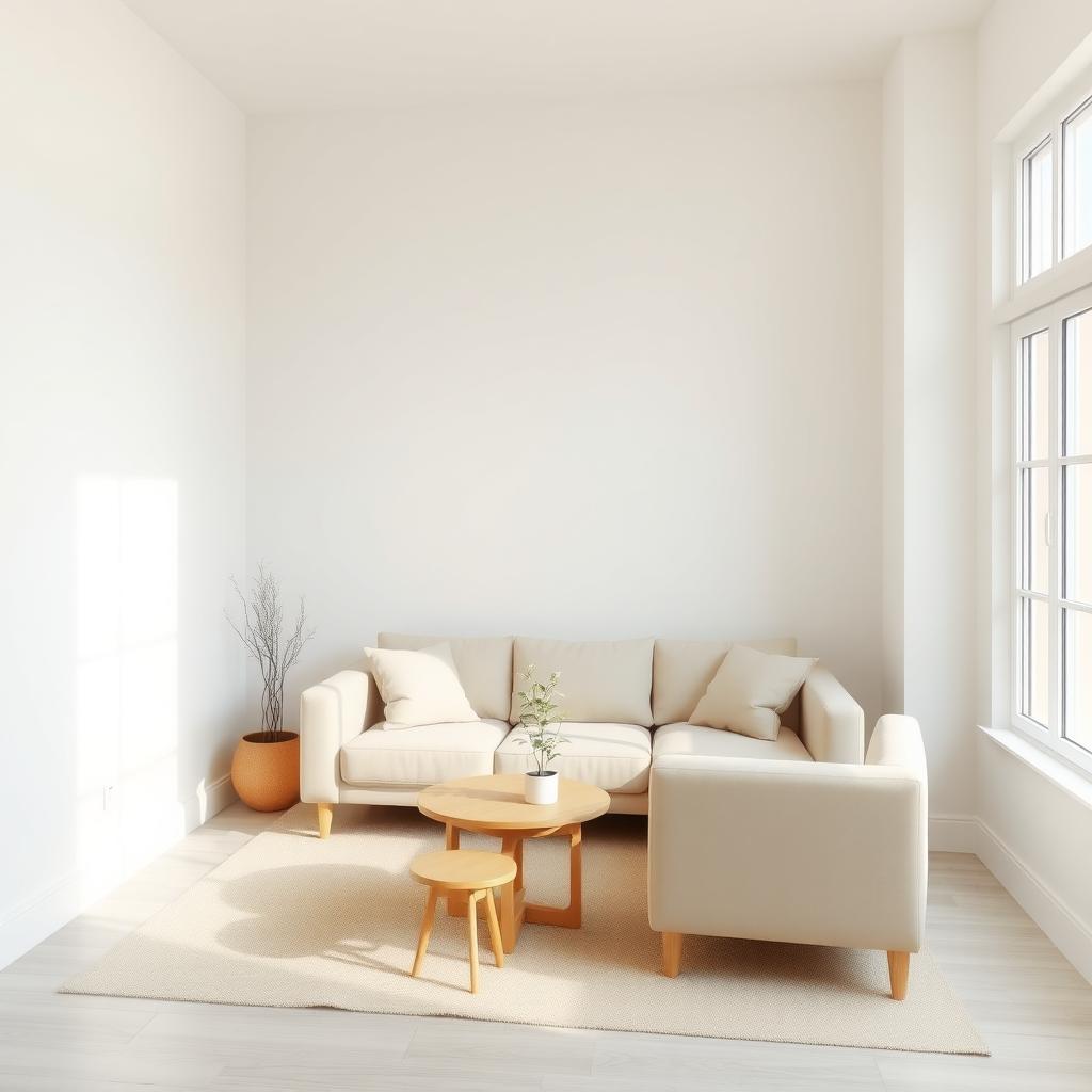 Ein minimalistisches Wohnzimmer mit neutralen Farben, einem einfachen Sofa, einem kleinen Holztisch und einer Topfpflanze, beleuchtet durch ein großes Fenster.