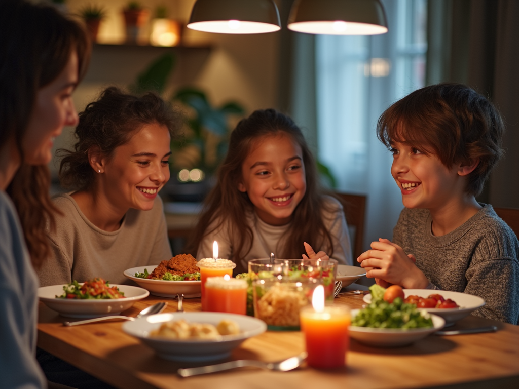 Eine Familie genießt ein gemeinsames Abendessen ohne Geräte, lacht und unterhält sich an einem Holztisch.