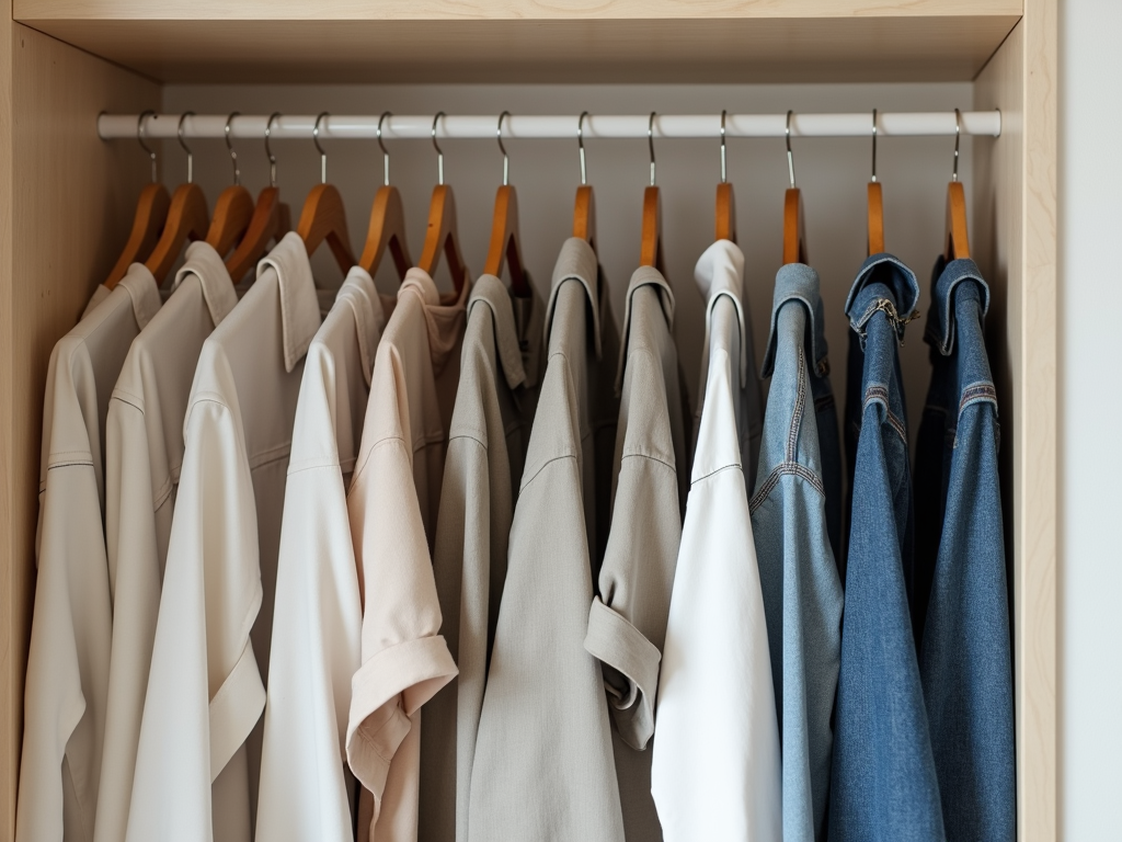 Ein minimalistischer Kleiderschrank mit ordentlich arrangierter nachhaltiger Kleidung, einschließlich neutralfarbener Hemden und Jeans auf Holzbügeln.