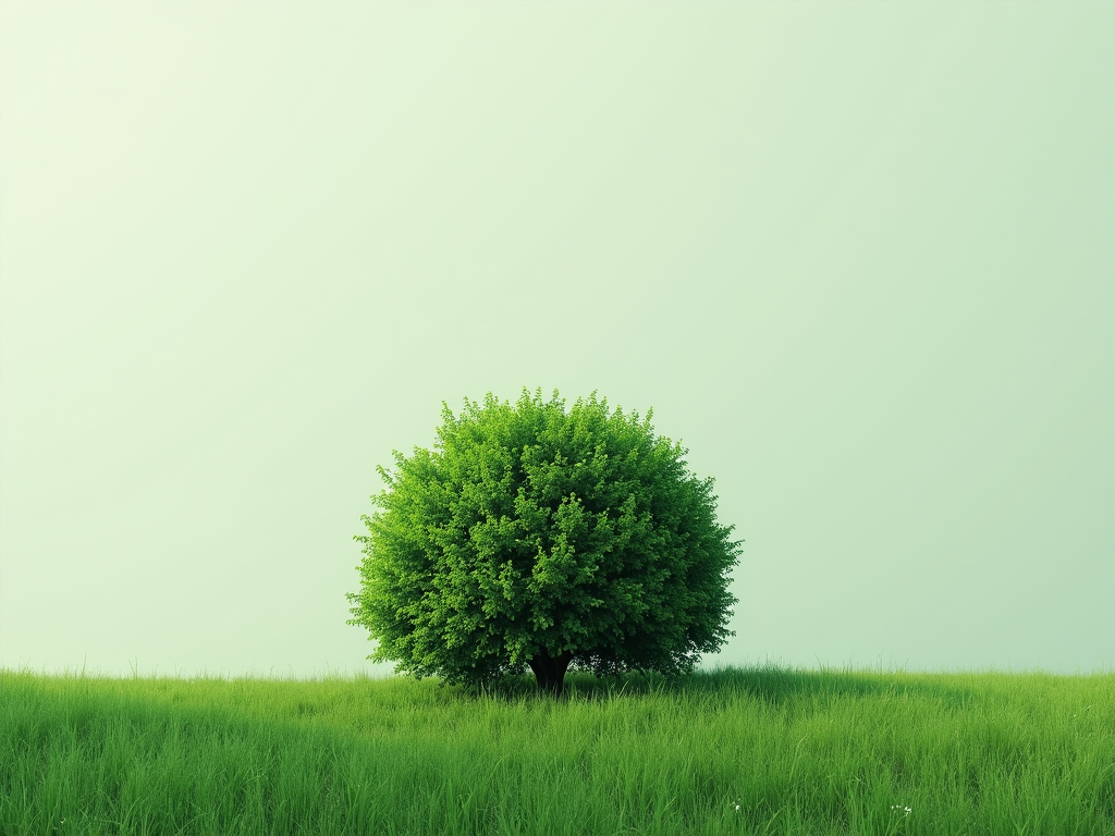Eine minimalistische grüne Landschaft mit einem einzelnen Busch