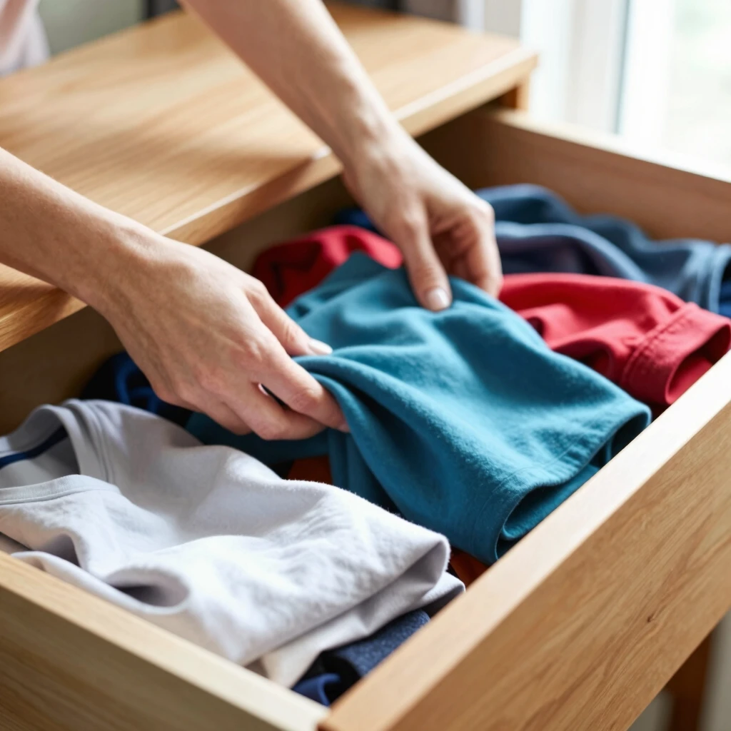 Hände sortieren Kleidung in einer Schublade für bewussten Konsum