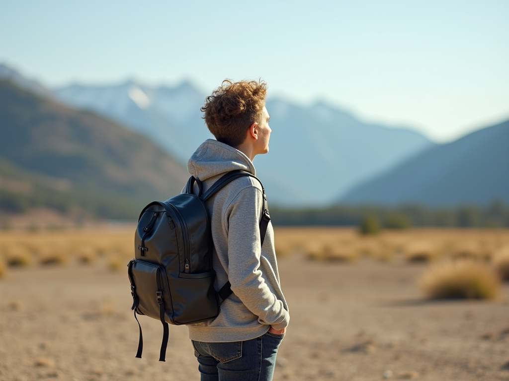 Eine Person mit einem kleinen Rucksack blickt auf eine weite Landschaft