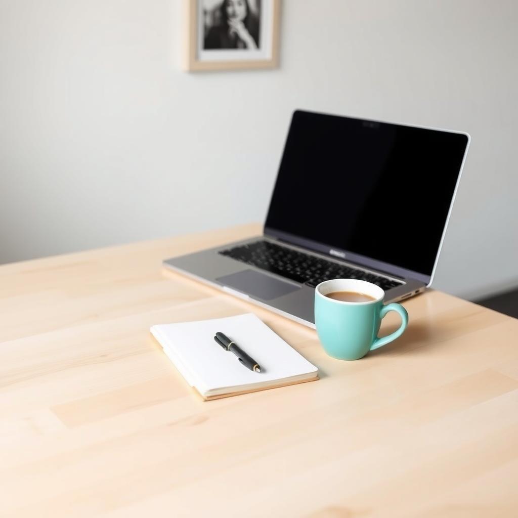 Ein ordentlicher Schreibtisch mit einem Laptop, einem Notizbuch, einem Stift und einer Tasse Kaffee vor einer schlichten weißen Wand.