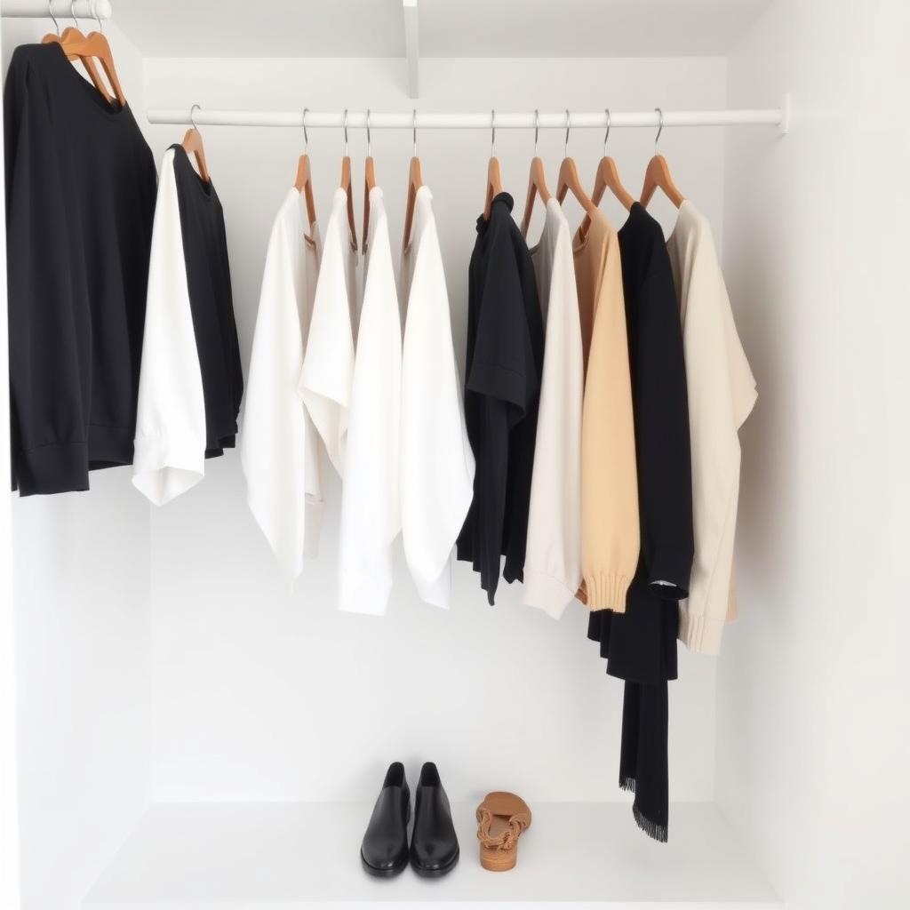 Ein minimalistischer Kleiderschrank mit 10 Kleidungsstücken in neutralen Farben, ordentlich auf Holzbügeln, mit einem Paar Schuhen und einem Schal.