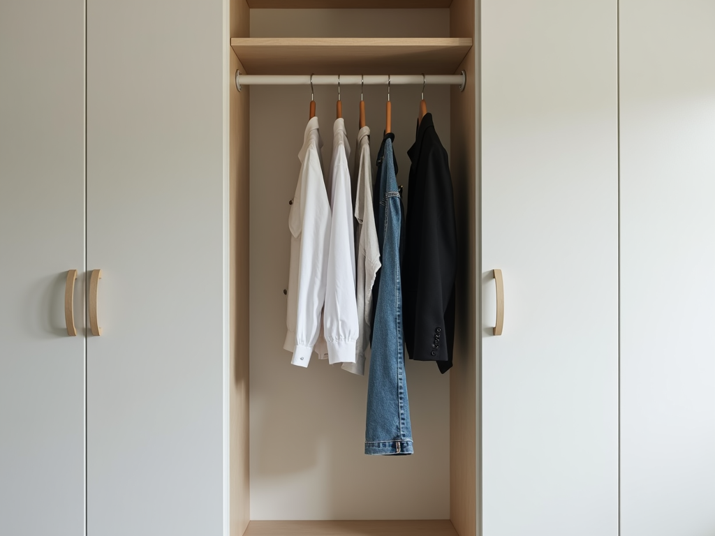 Ein minimalistischer Kleiderschrank mit wenigen ordentlich aufgehängten Shirts, einer Jeans und einer Jacke in neutralen Farben.