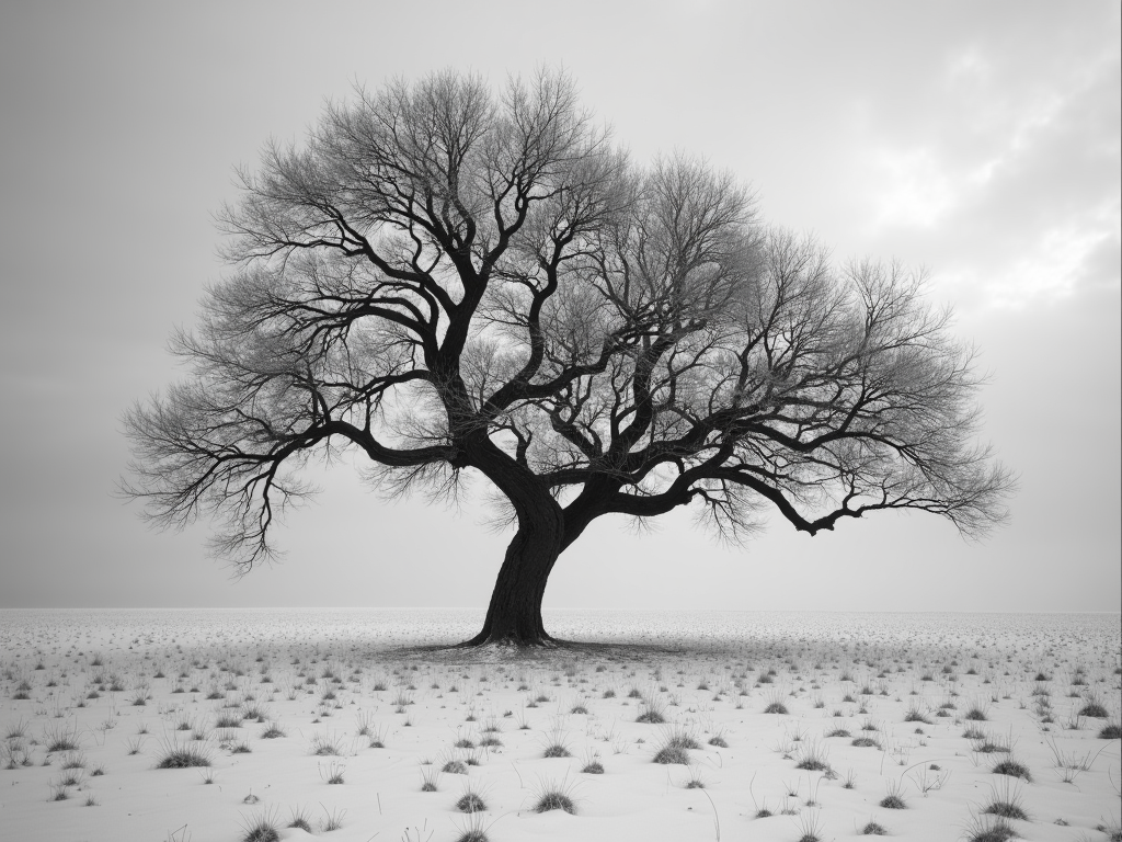 Ein schwarz-weißes Foto eines einzelnen Baumes im Schnee, aufgenommen bei Dämmerung, mit starkem Kontrast.