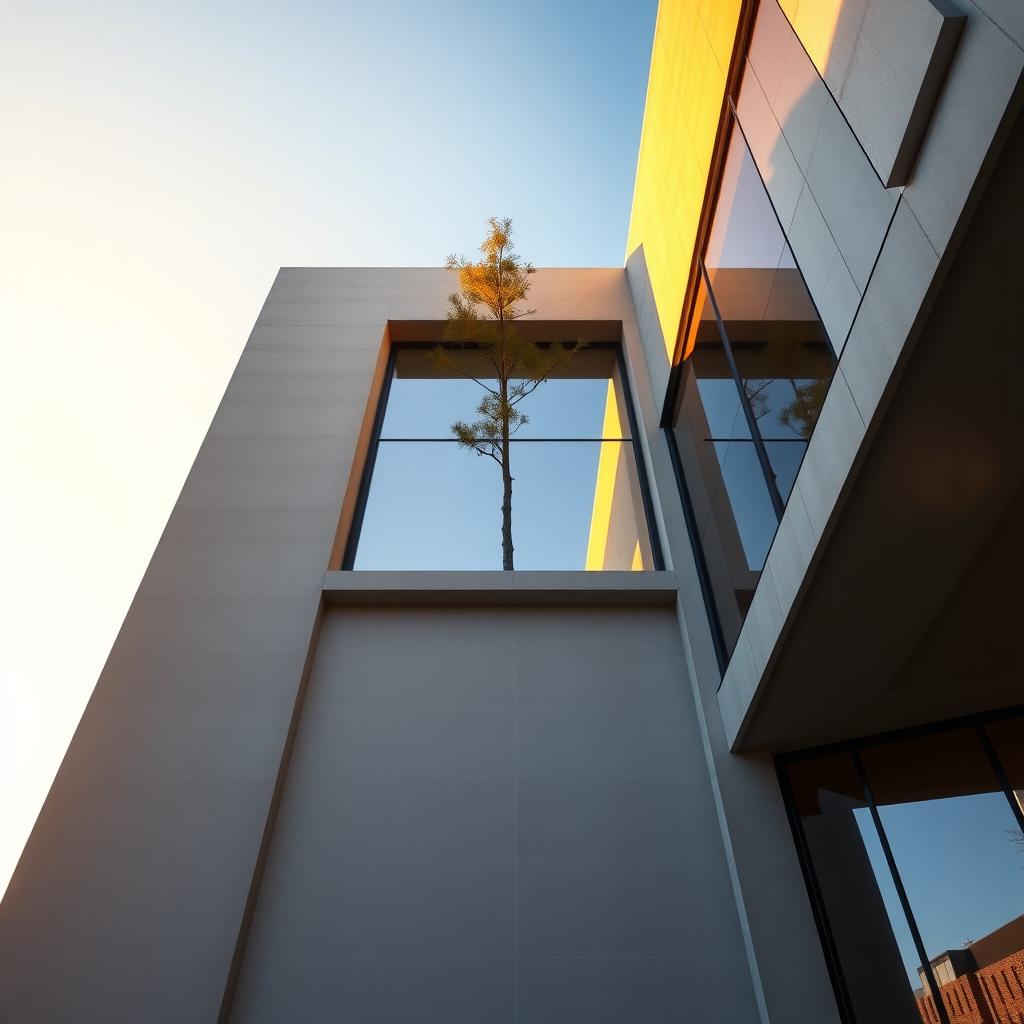 Minimalistisches Betongebäude mit klaren Linien und großen Glasfenstern, aufgenommen in der goldenen Stunde mit einem blauen Himmel und einem einzelnen Baum im Vordergrund.