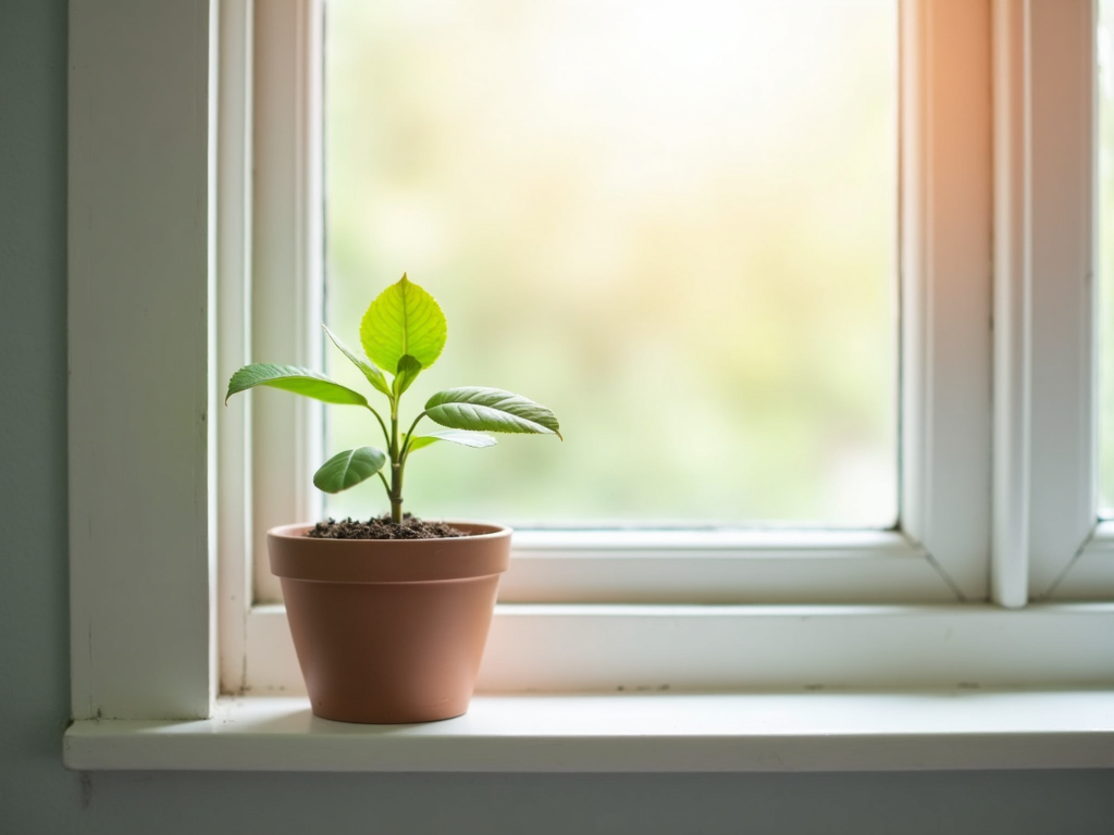 Eine kleine Pflanze auf der Fensterbank, Symbol für Einfachheit