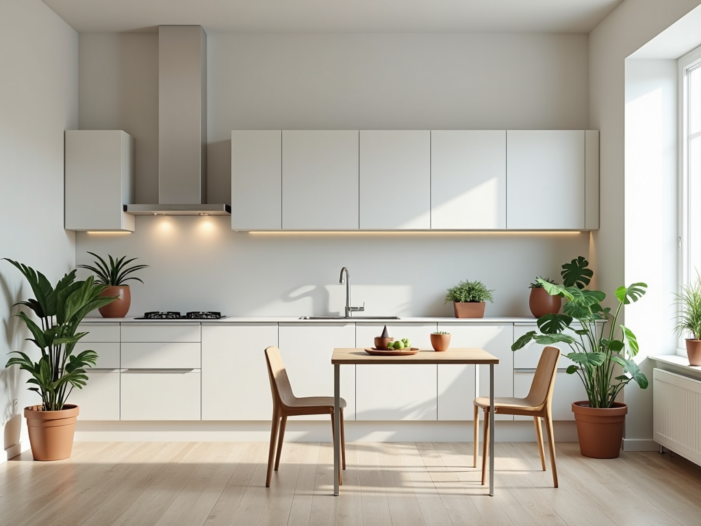 Eine minimalistische Küche mit glatten, grifflosen Schränken, einem einfachen Esstisch mit zwei Stühlen und einigen Topfpflanzen.