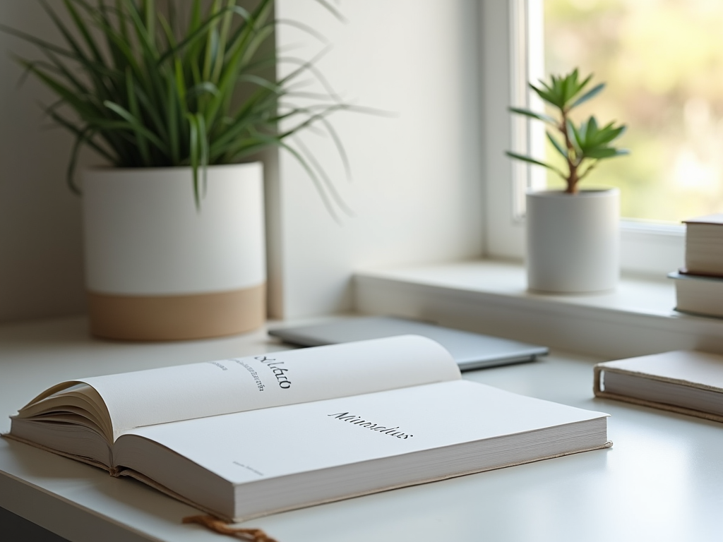 Ein minimalistisches Homeoffice mit einem Buch über Minimalismus