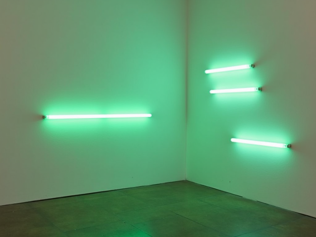 Installation von Dan Flavin mit grünen Neonlichtern in einer Raumecke.