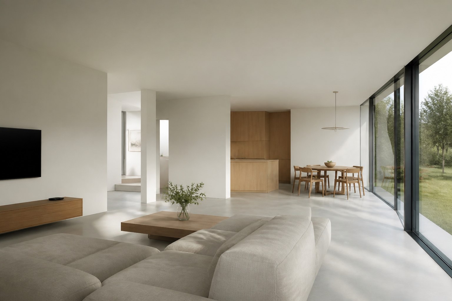 Minimalistisches Wohnzimmer im Minimalismus Mode mit klaren Linien und viel Licht