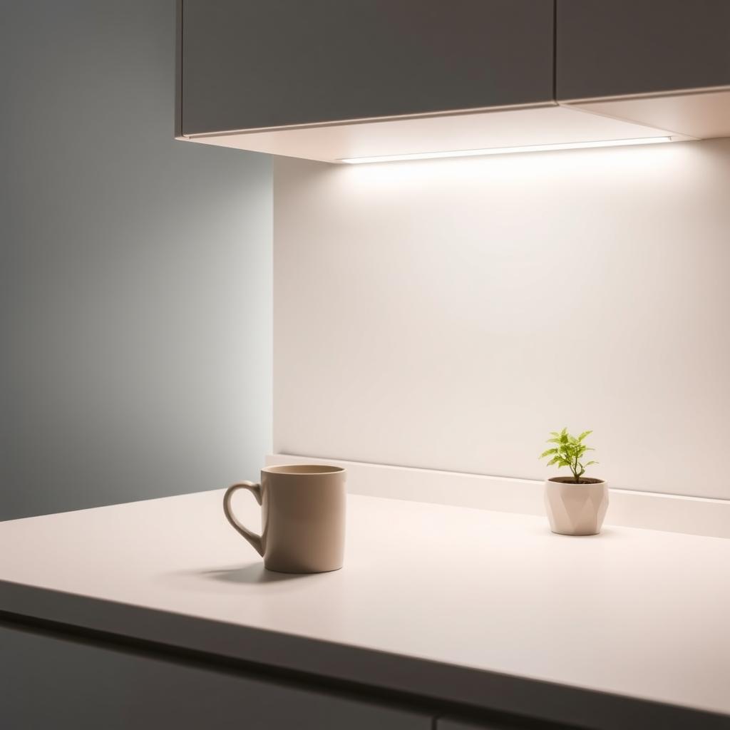 Nahaufnahme einer LED-Leiste unter einer minimalistischen Küchenarbeitsplatte, die ein sanftes, warmes Licht auf eine weiße Arbeitsfläche mit einer Keramiktasse und einer kleinen Topfpflanze wirft.