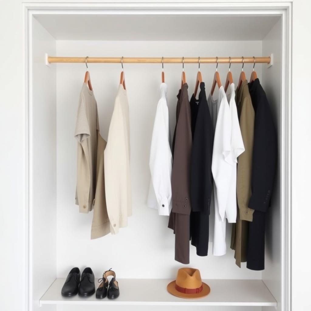 Ein aufgeräumter Kleiderschrank mit wenigen Kleidungsstücken an Holzbügeln und neutralen Farben.