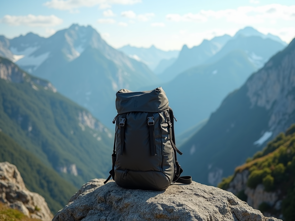 Ein minimalistischer Rucksack vor einer beeindruckenden Bergkulisse.