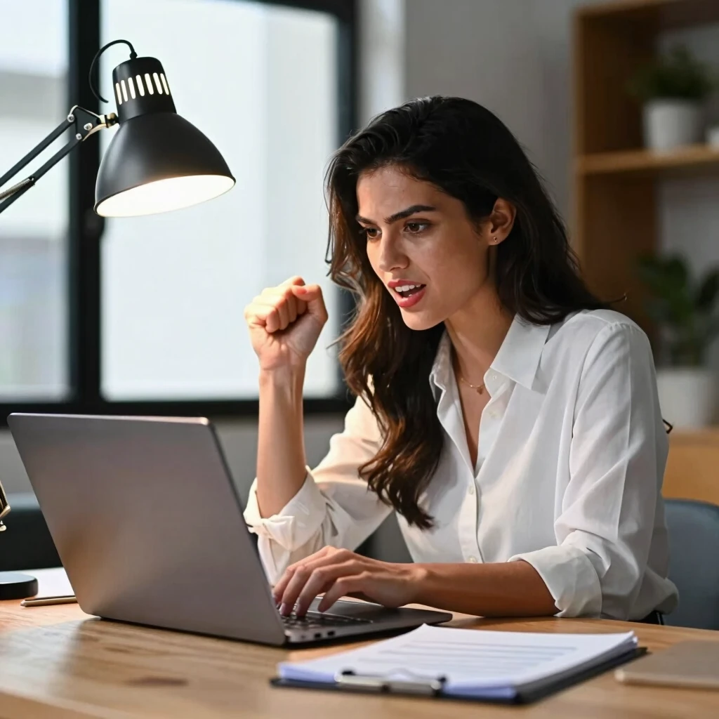Person arbeitet konzentriert und energiegeladen am Homeoffice-Schreibtisch mit Tageslichtlampe