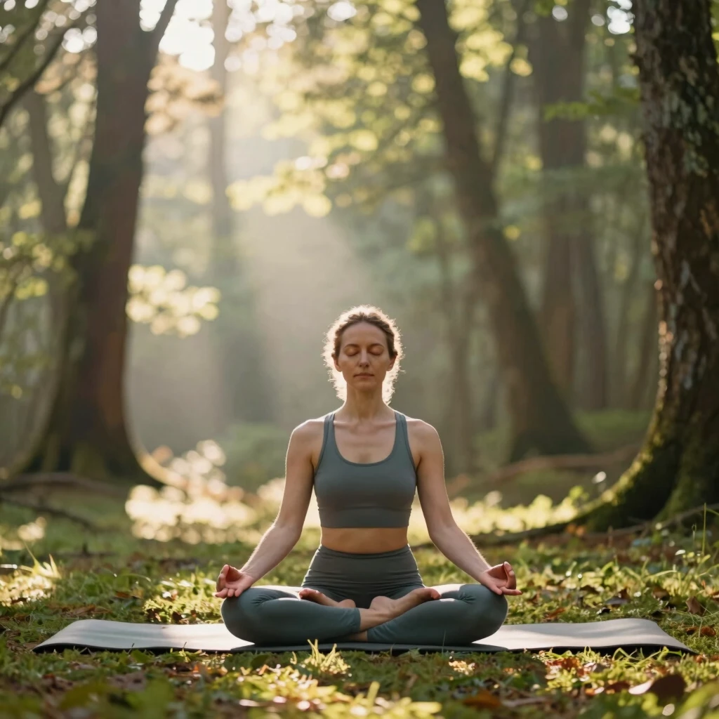 Person bei einer Achtsamkeitsmeditation in der Natur auf einer einfachen Matte