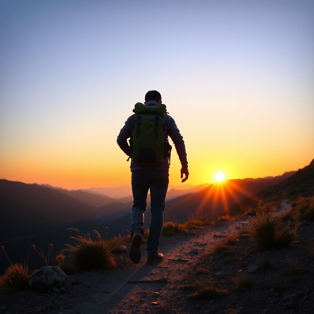 Ein Reisender mit leichtem Rucksack auf einem Bergpfad bei Sonnenuntergang