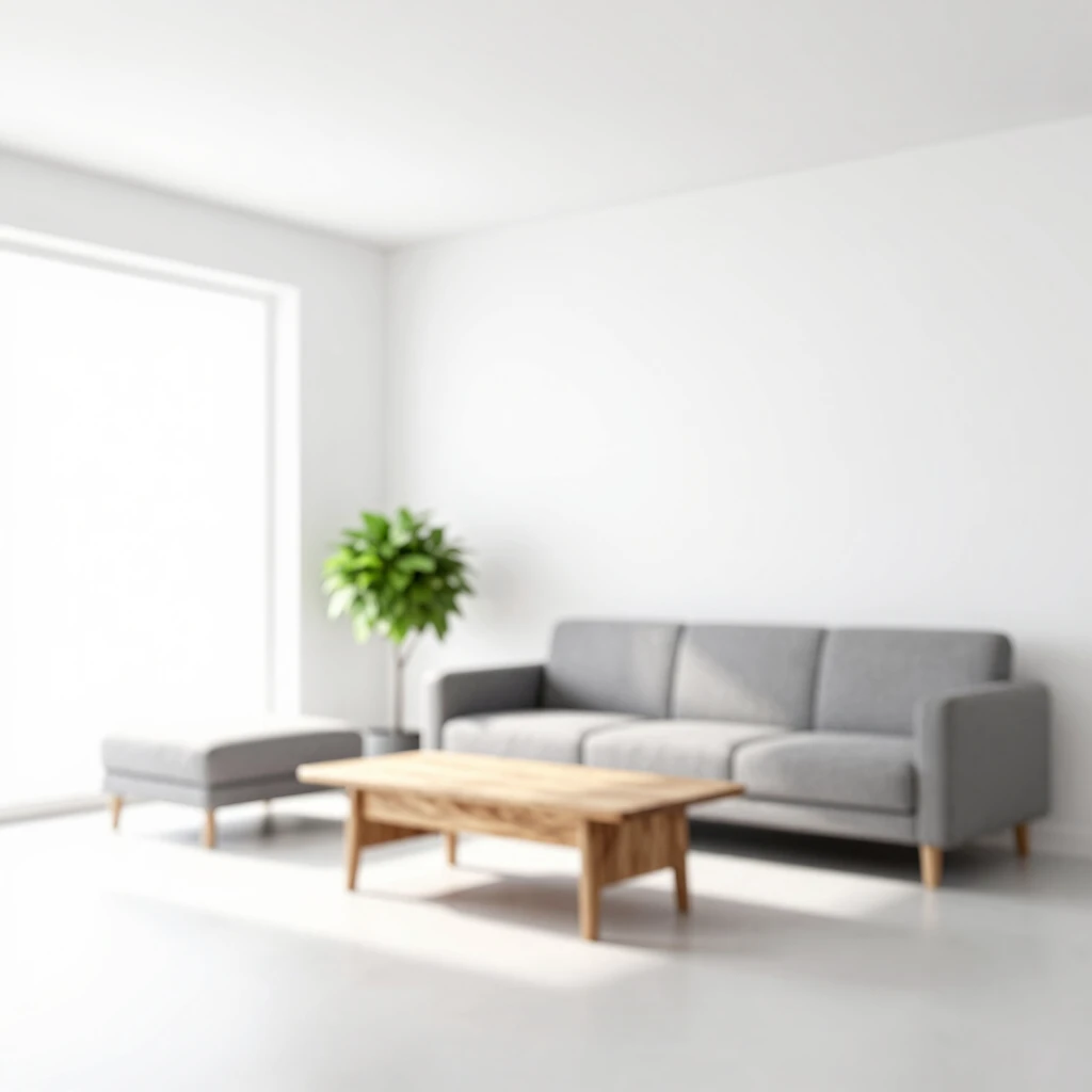 Minimalistisches Wohnzimmer mit grauem Sofa und natürlichem Licht