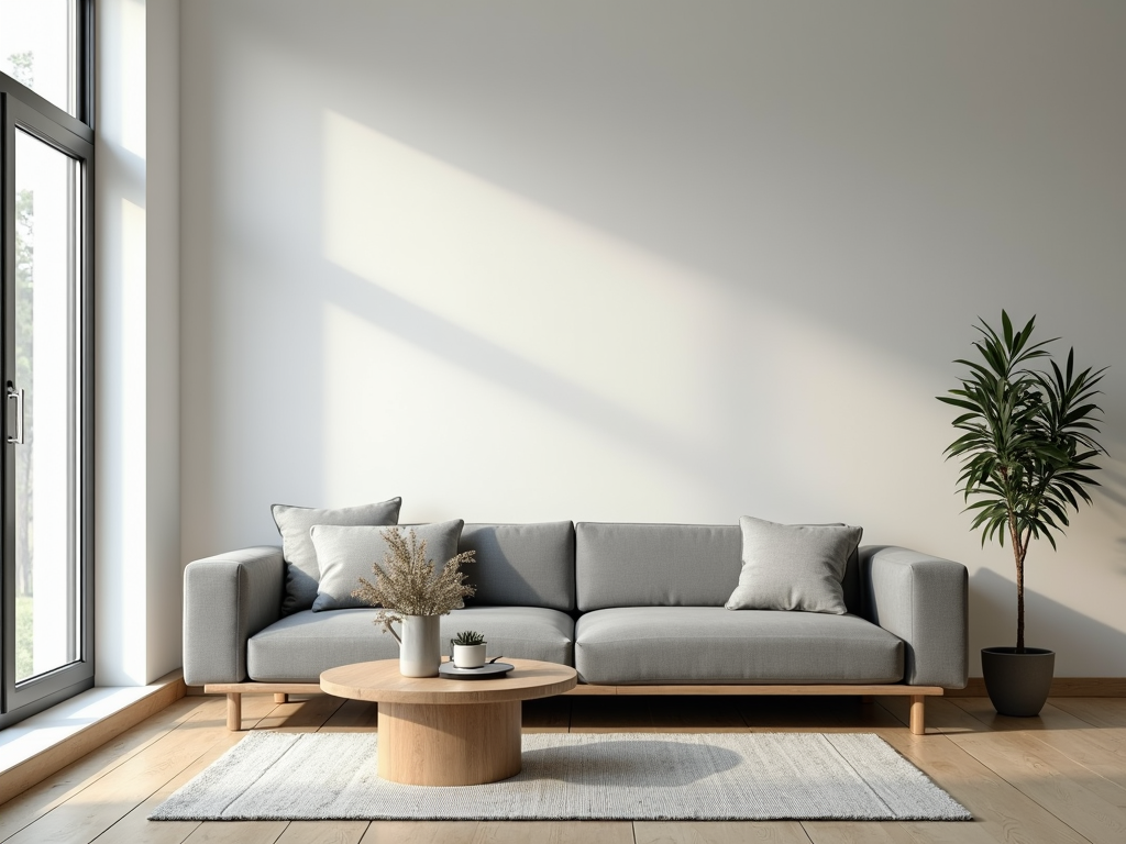 Ein minimalistisches Wohnzimmer mit einem grauen Sofa und einem Holztisch.