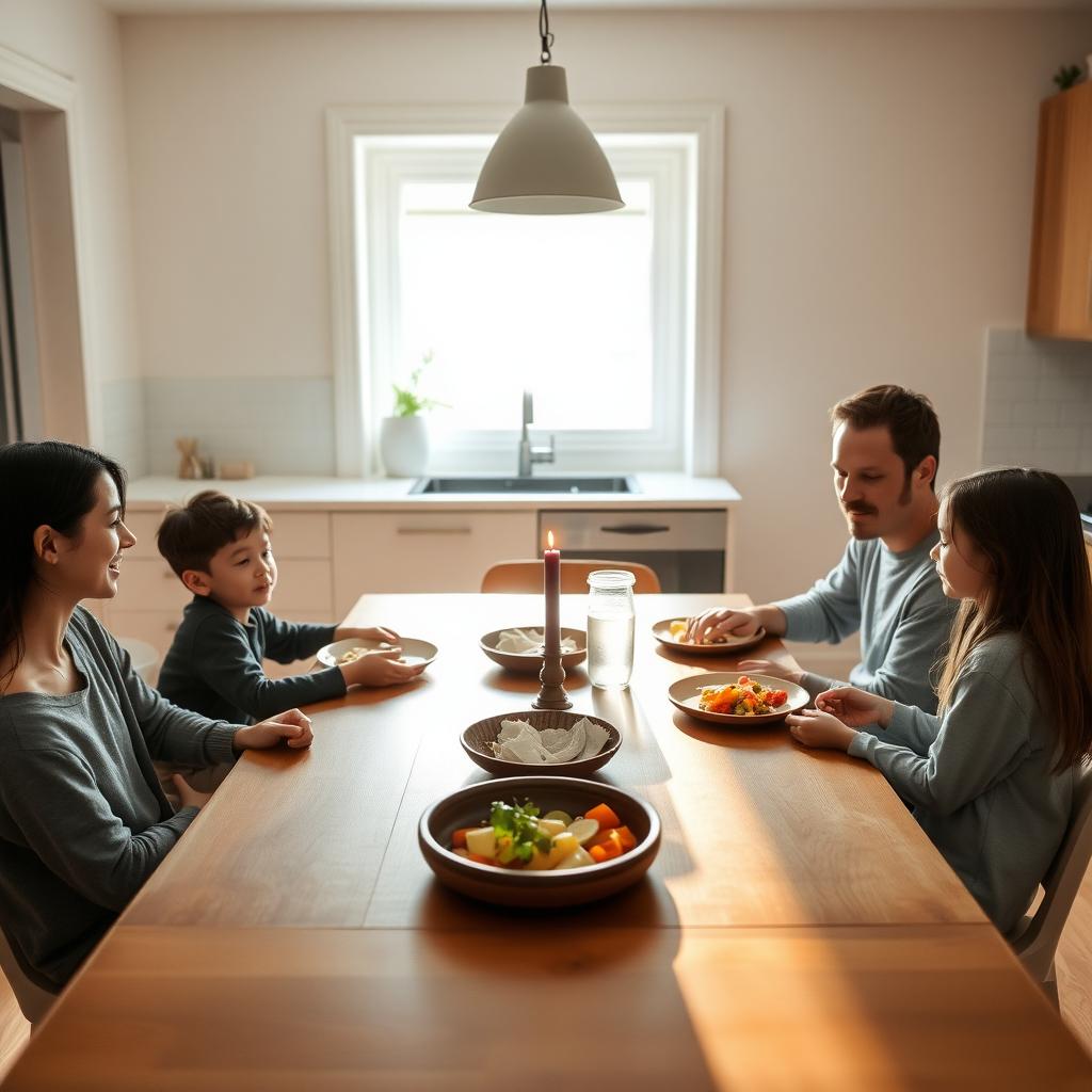 Eine vierköpfige Familie sitzt an einem Holztisch in einer minimalistischen Küche und genießt ein einfaches Essen. Auf dem Tisch stehen einige Teller mit gesundem Essen, eine Wasserkaraffe und eine Kerze als Mittelpunkt.