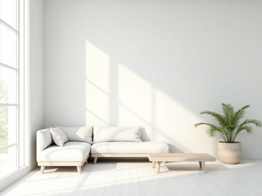 Minimalistisches Wohnzimmer mit weißem Sofa und Pflanze