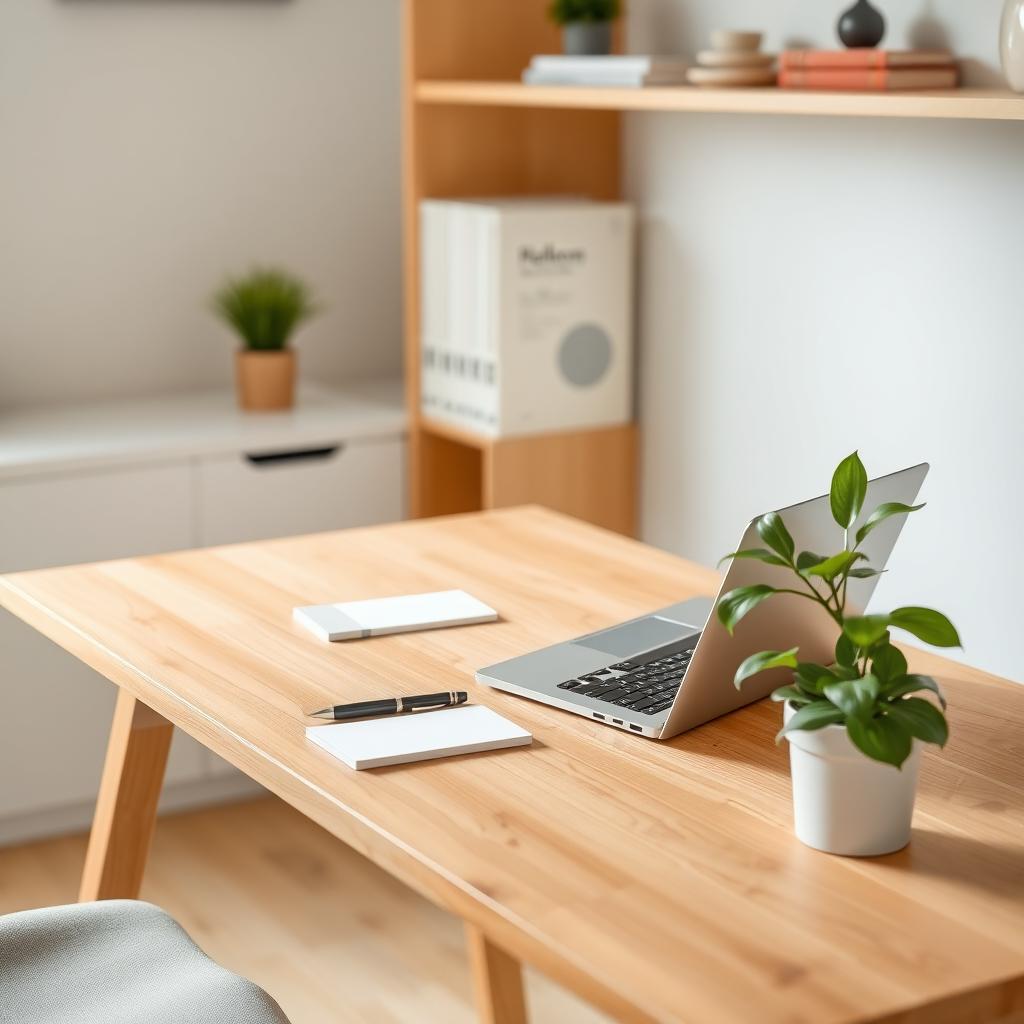 Ein aufgeräumtes Homeoffice mit einem schlanken Holztisch, einem Laptop, einem Notizbuch und einem Stift. Eine grüne Pflanze steht auf der Ecke des Tisches, im Hintergrund ein minimalistisches Bücherregal.